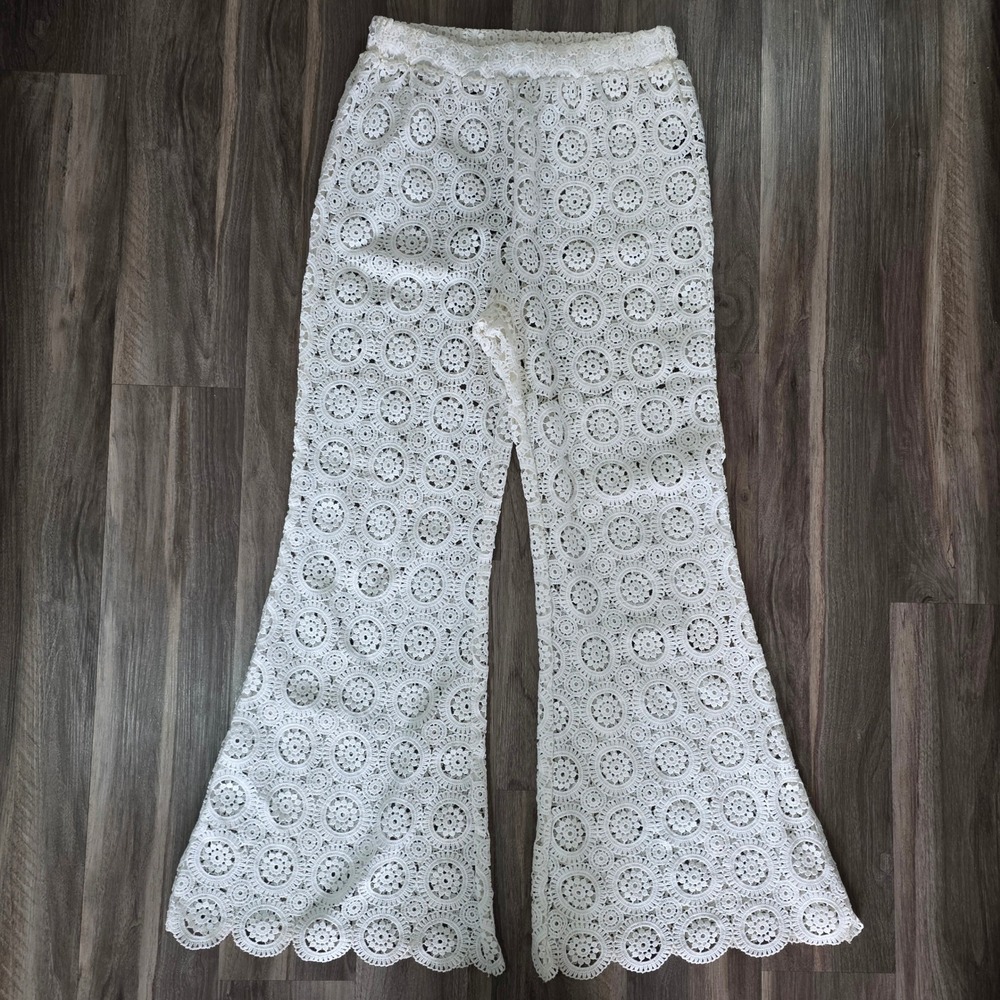 VICI White Crochet Lace Wide Leg Flare Pants Boho Medallion AP1933-VC Large